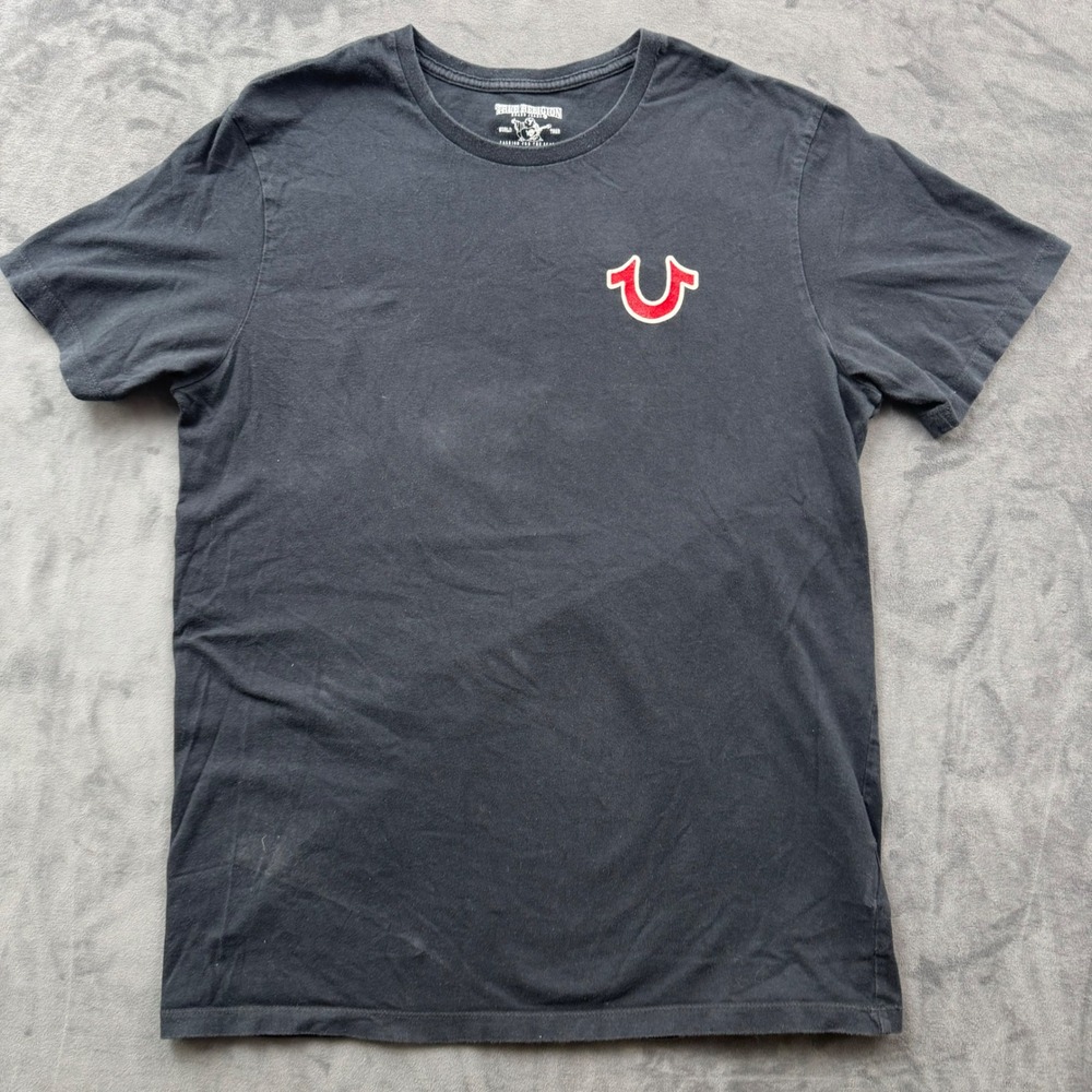 True Religion Mens Black Buddha Guitar Graphic T-Shirt Horseshoe Logo Medium